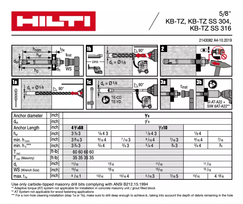 Page 1 of the manual Instructions / Assembly Hilti KB-TZ SS304