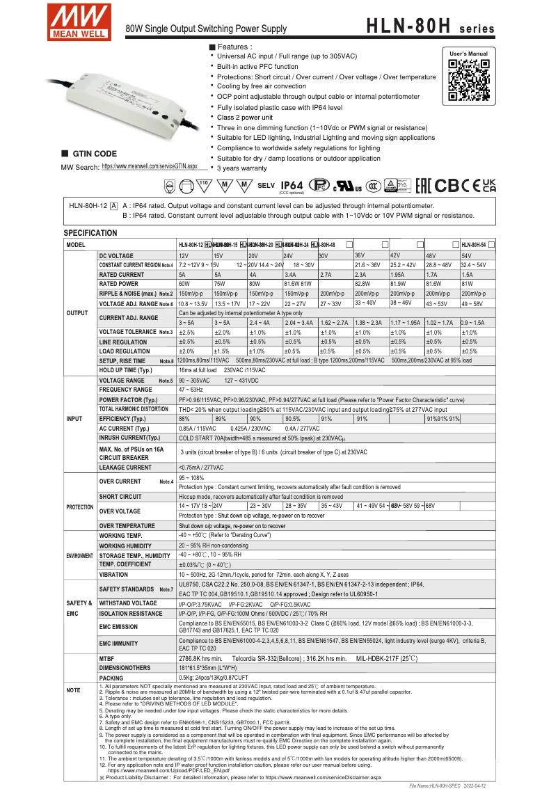 First page image of the manual for HLN-80H-20A