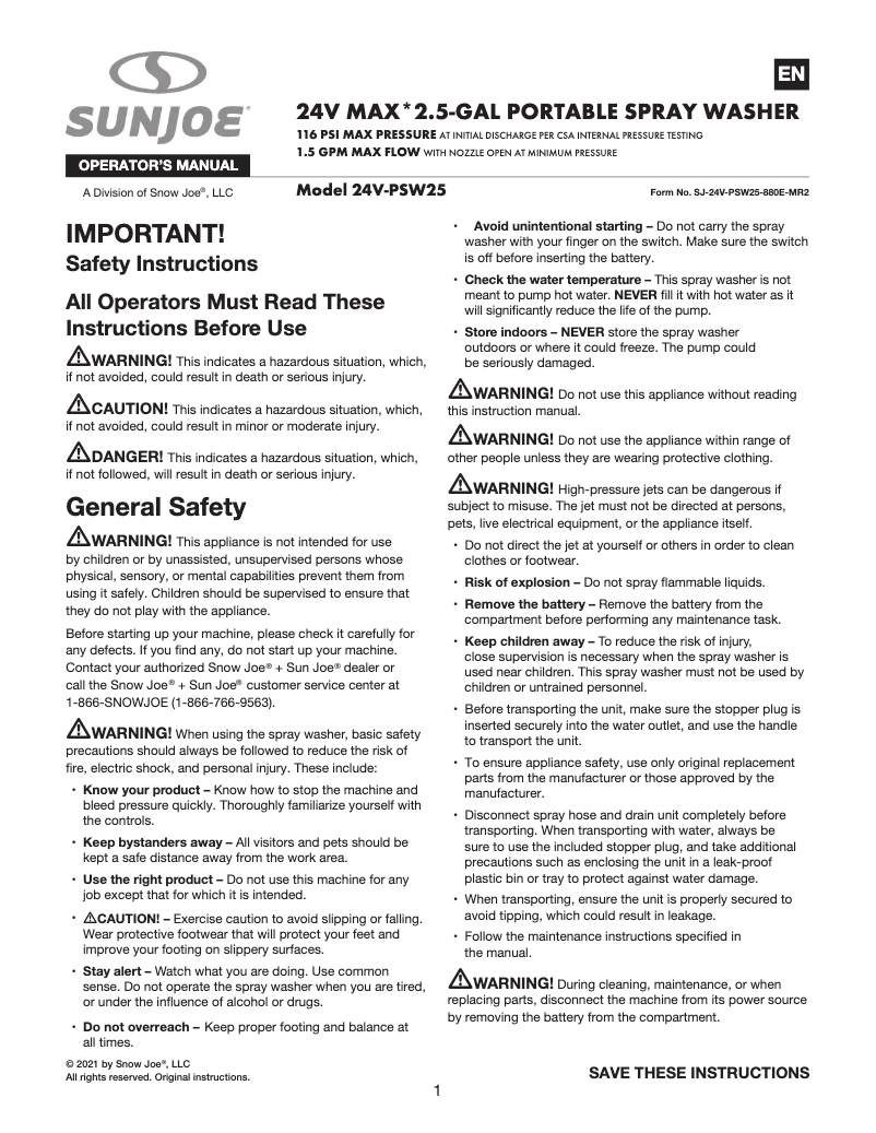 Page 1 de la notice Manuel utilisateur Sun Joe 24V-PSW25-CT
