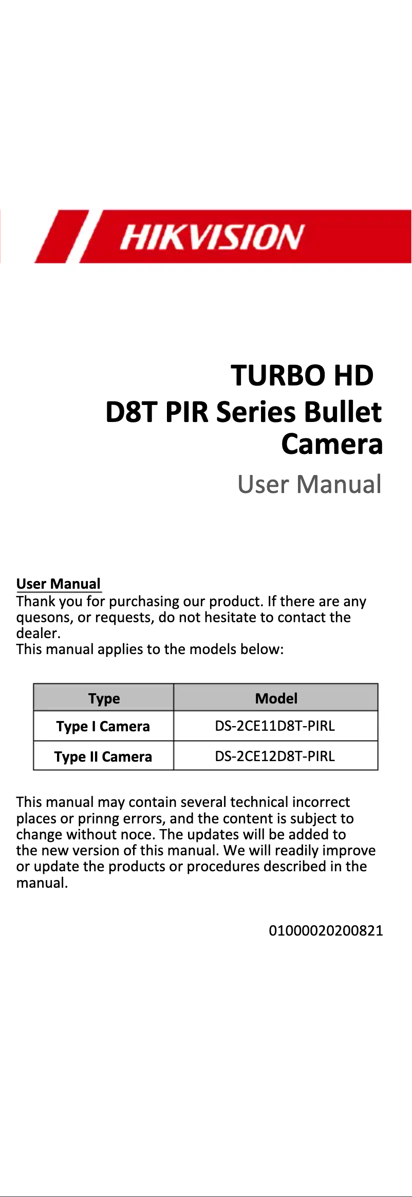 First page image of the manual for DS-2CE12D8T-PIRL