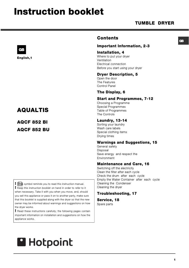 Page 1 of the manual User Manual Hotpoint AQCF 852 B I