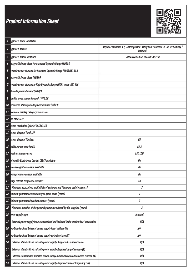 Page 1 of the manual Technical Sheet Grundig ATLANTA 55 GGU 8965 BE