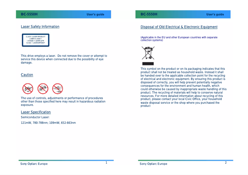 Page 1 of the manual User Manual Sony Optiarc BC-5550H