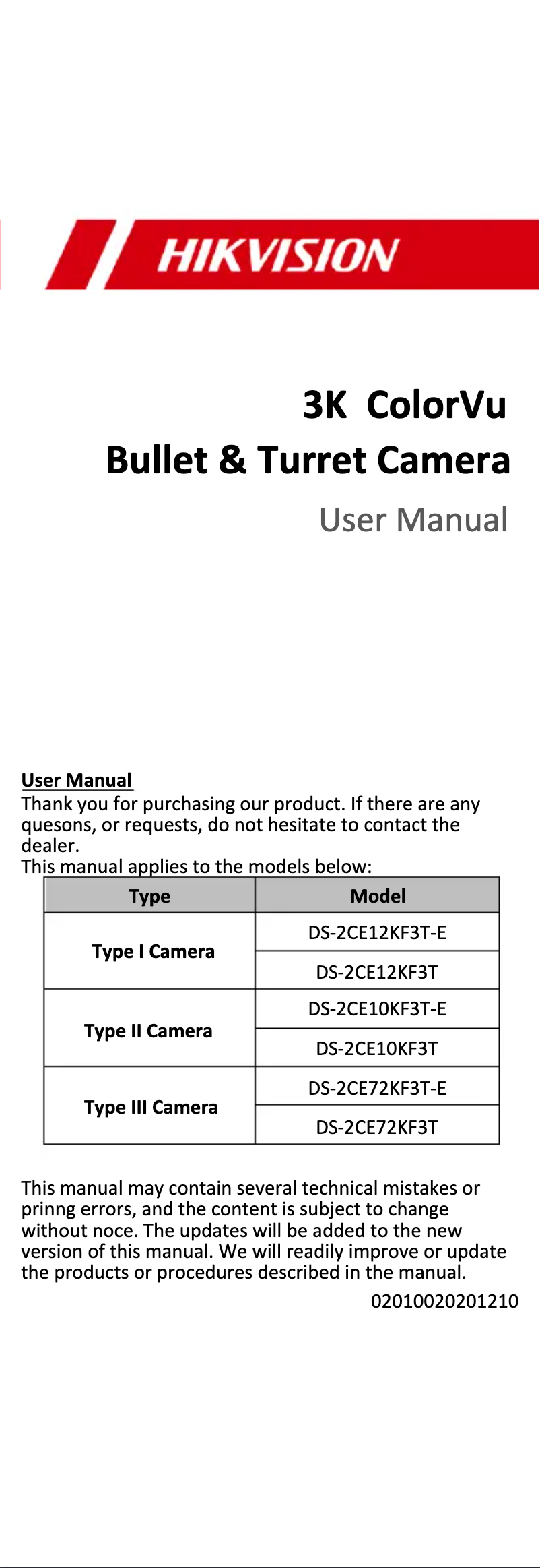 First page image of the manual for DS-2CE12KF3T-E