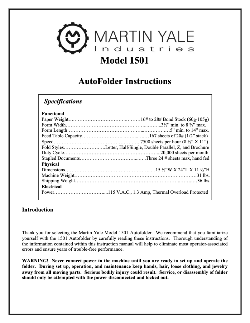 First page image of the manual for AutoFolder 1501X