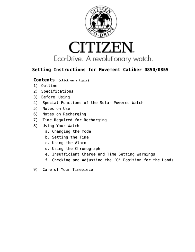 First page image of the manual for Cal 0850