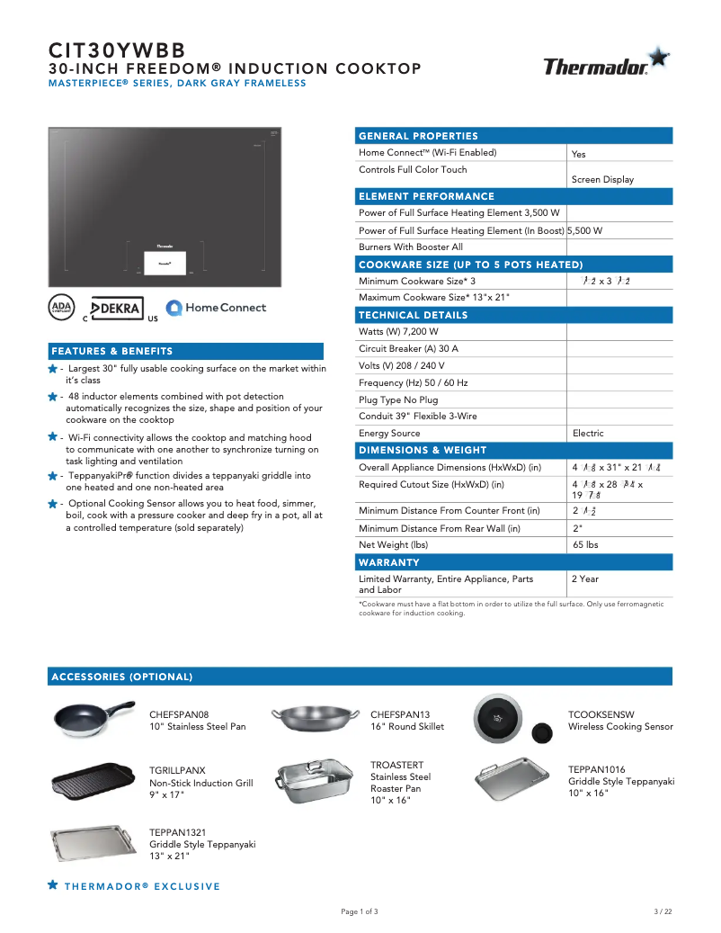 Page 1 of the manual Technical Sheet Thermador CIT30YWBB