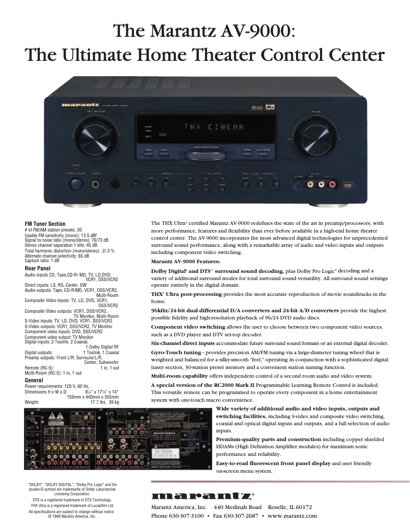 Page 1 of the manual Technical Sheet Marantz AV9000