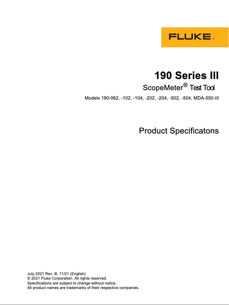 Page 1 of the manual Technical Sheet Fluke ScopeMeter 190