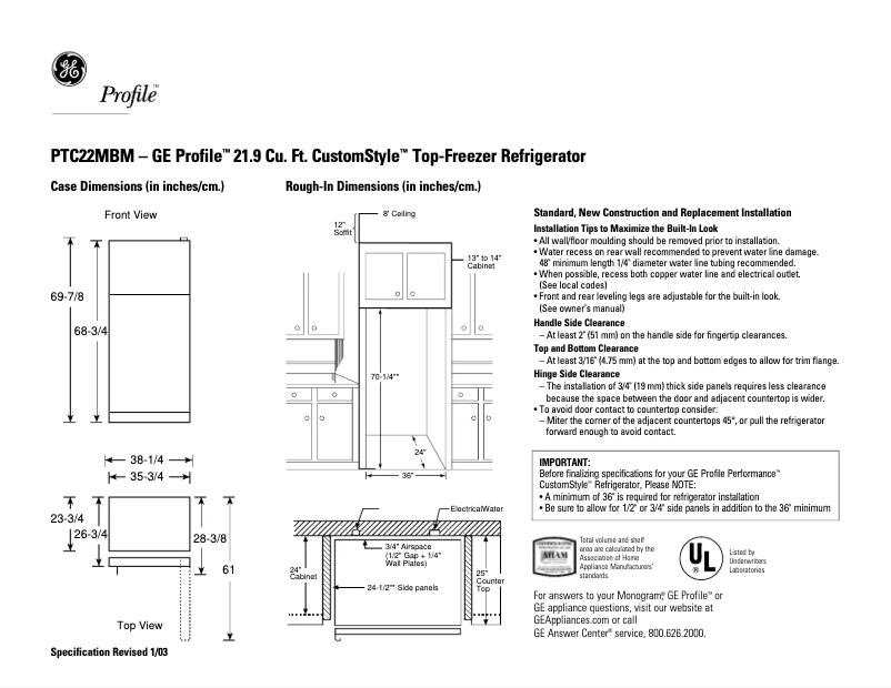 First page image of the manual for Profile CustomStyle PTC22MBMRBB