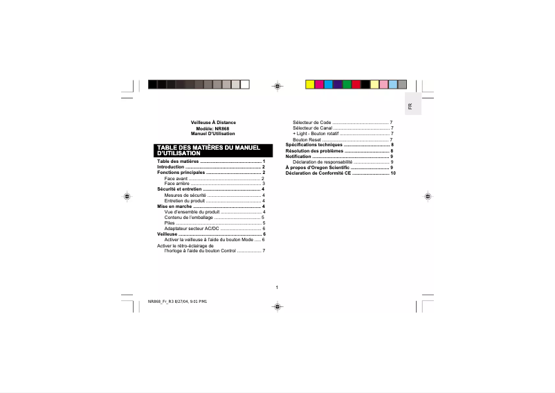 Page 1 of the manual User Manual Oregon Scientific NR868