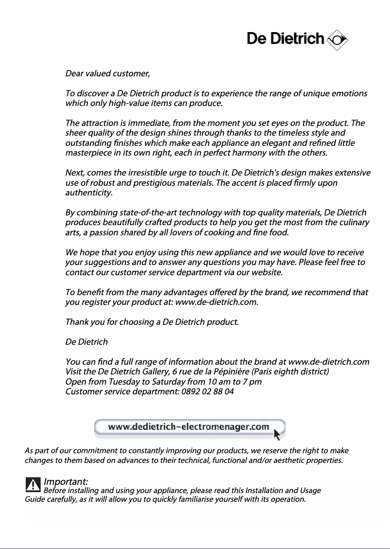 Page 1 of the manual User Manual De Dietrich DED1140X