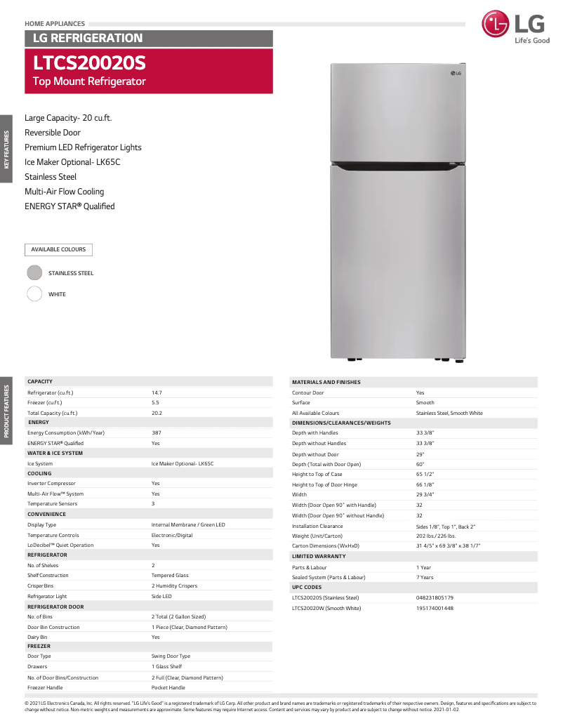 Page 1 of the manual Technical Sheet LG LTCS20020W