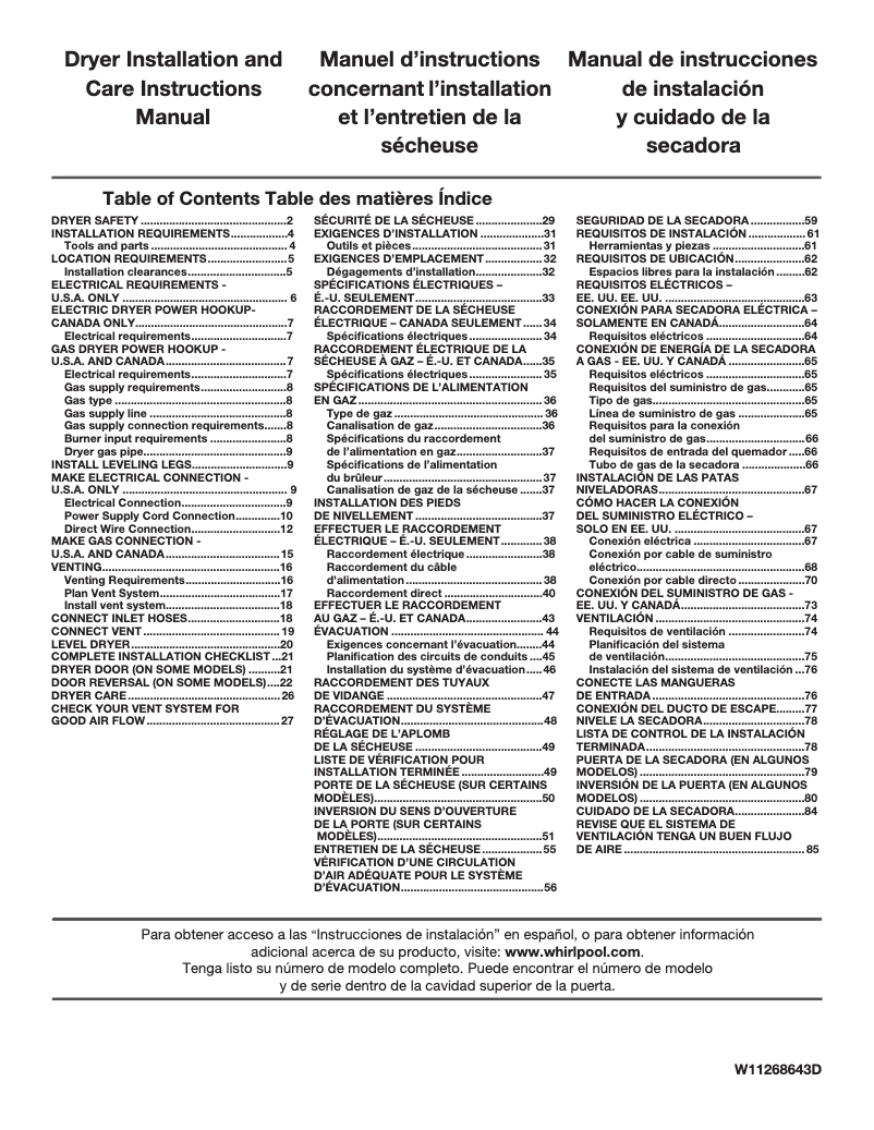 Page 1 of the manual Installation Guide Whirlpool WGD7120HC