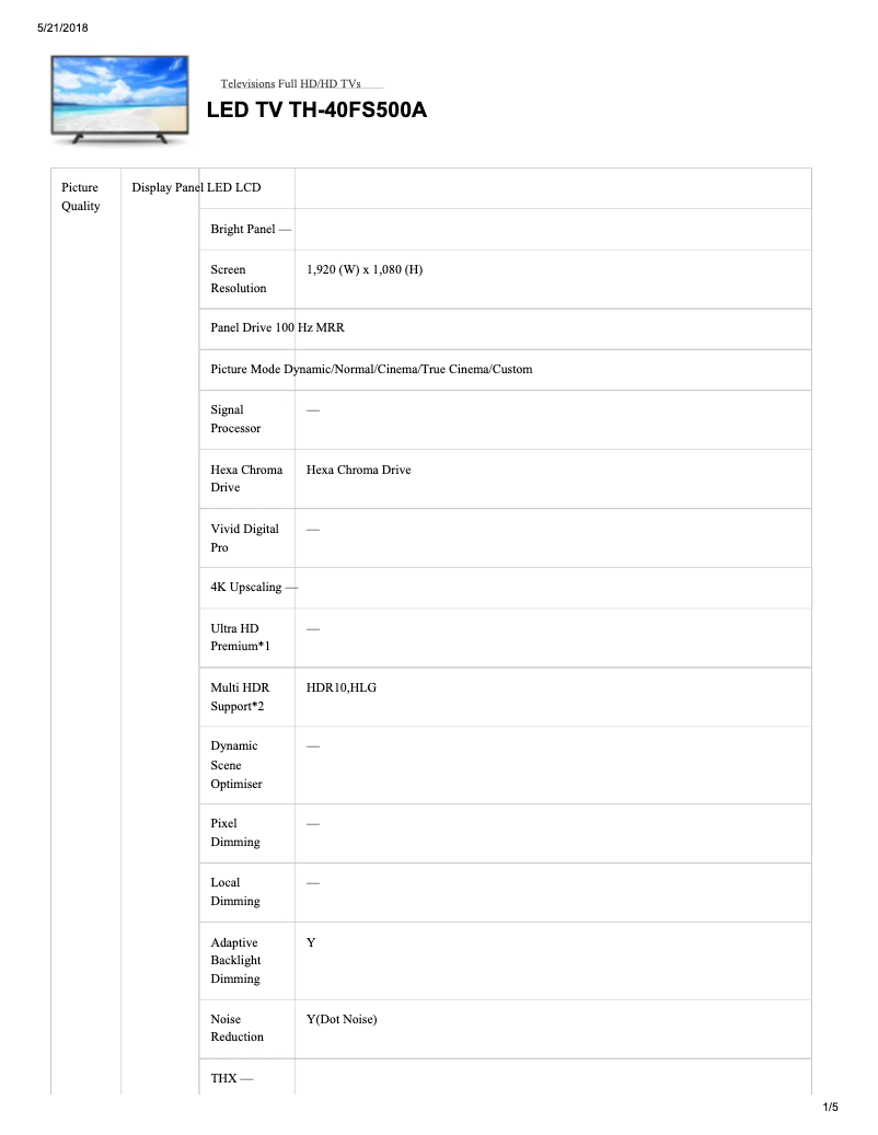 Page 1 of the manual Technical Sheet Panasonic TH-40FS500A