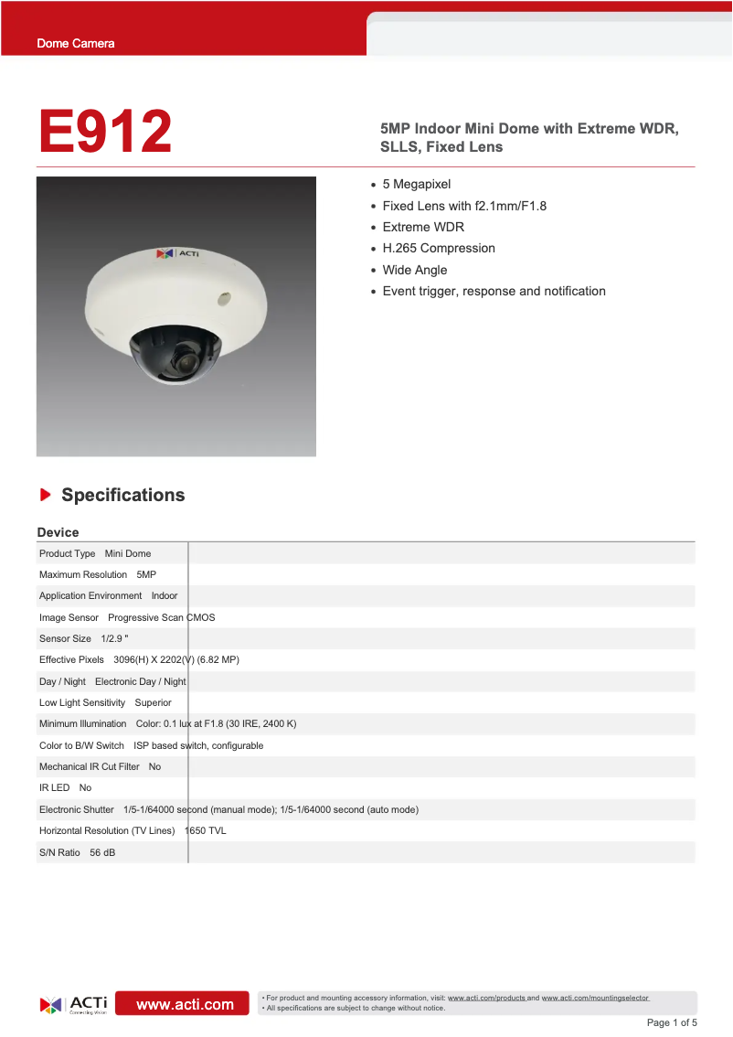 Page 1 of the manual Technical Sheet ACTi E912