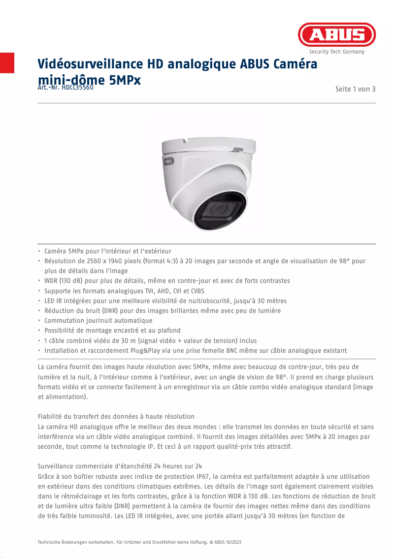 Page 1 de la notice Fiche technique Abus HDCC35560