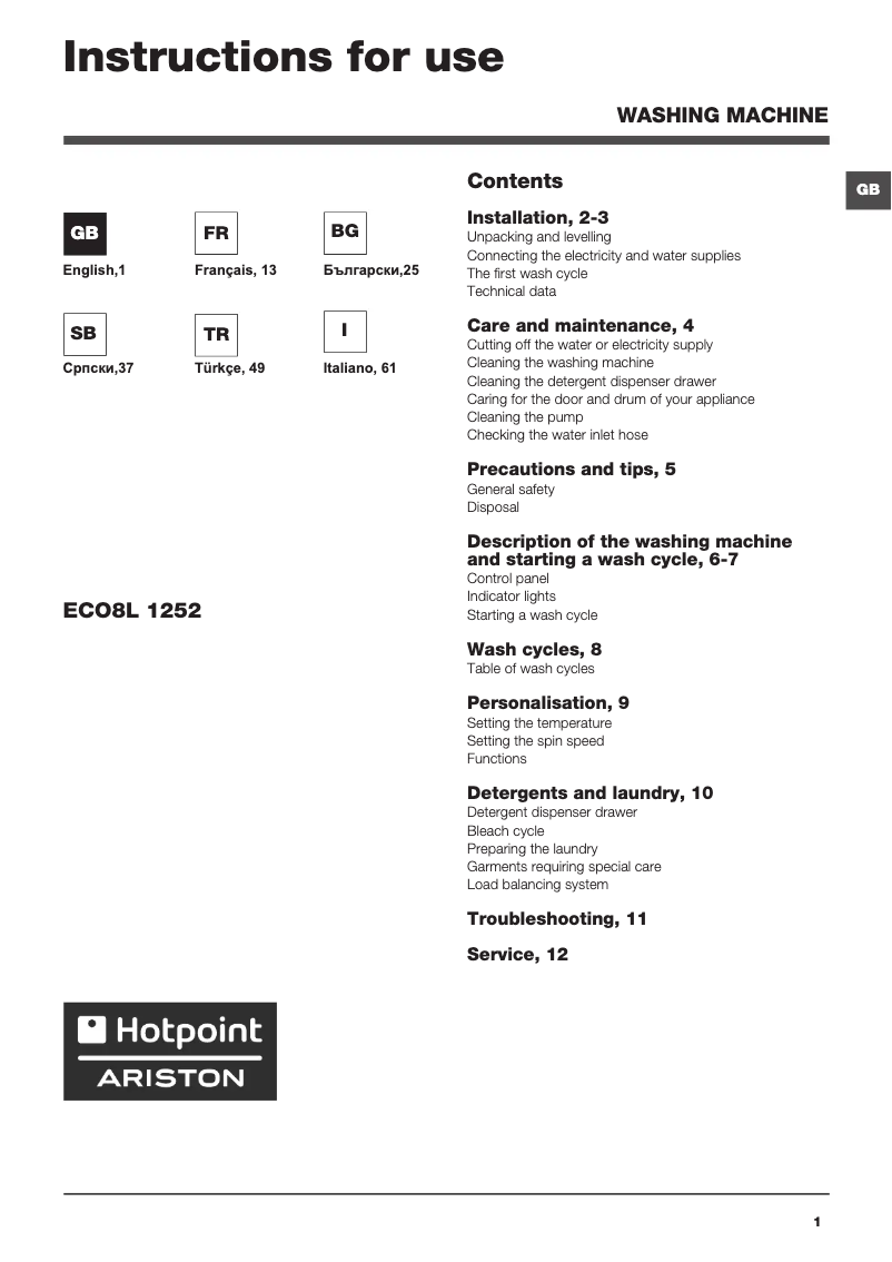 Page 1 of the manual User Manual Hotpoint Ariston ECO8L 1252 EU.M