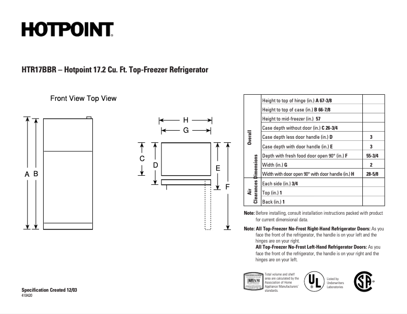 Page 1 of the manual Technical Sheet Hotpoint HTR17BBRLWW