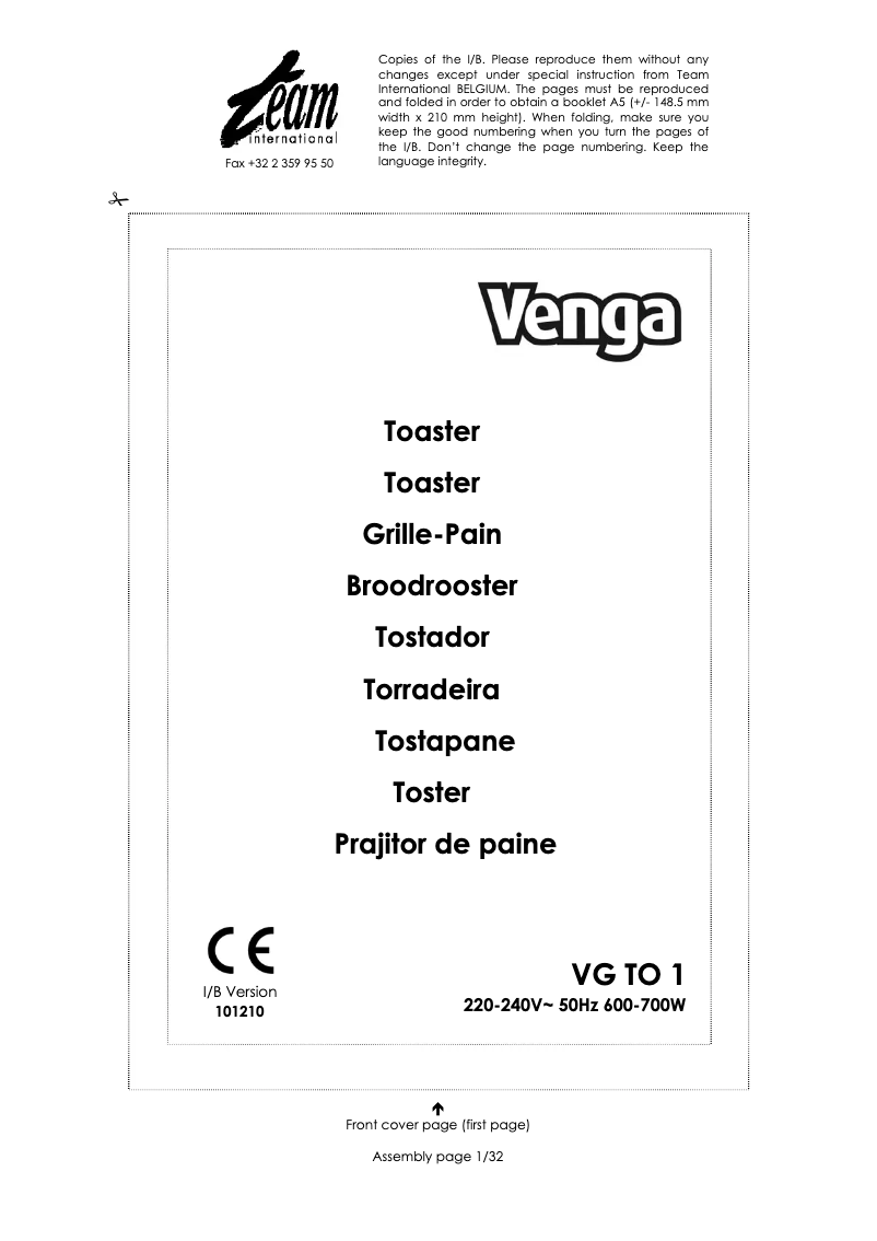 First page image of the manual for VG TO 1