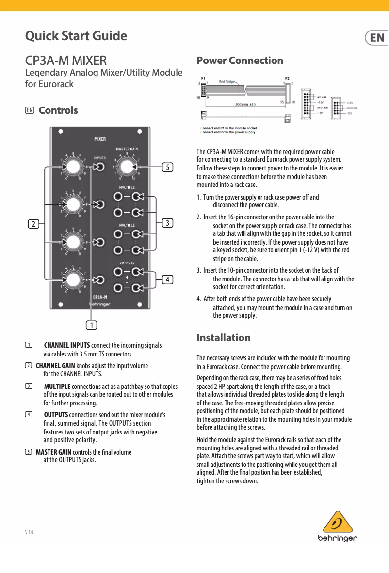 Page 1 of the manual Quick Start Guide Behringer CP3A-M Mixer