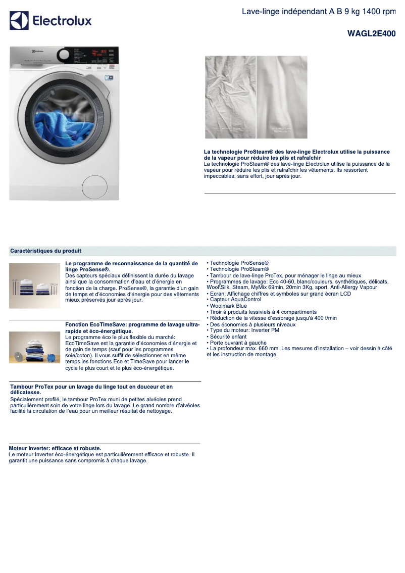 Page 1 of the manual Technical Sheet Electrolux WAGL2E400
