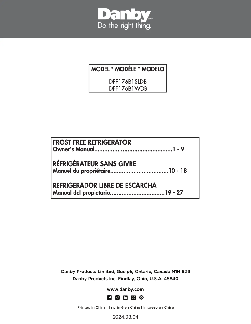 Page 1 of the manual User Manual Danby DFF176B1SLDB