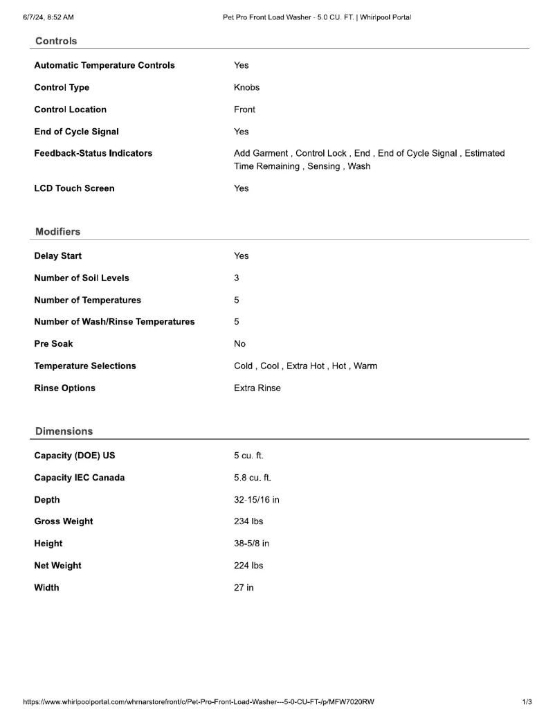 Page 1 of the manual Technical Sheet Maytag MFW7020RW