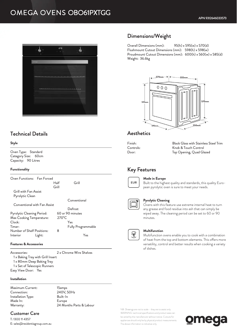 Page 1 of the manual Technical Sheet Omega OBO61PXTGG