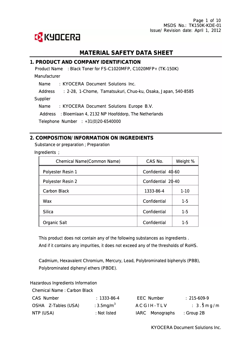 Page 1 of the manual Safety Instructions Kyocera FS-C1020MFP+