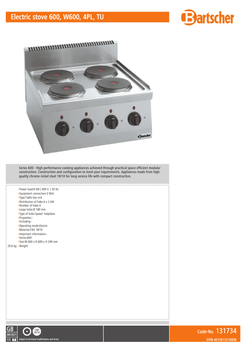 Page 1 of the manual Technical Sheet Bartscher 131734