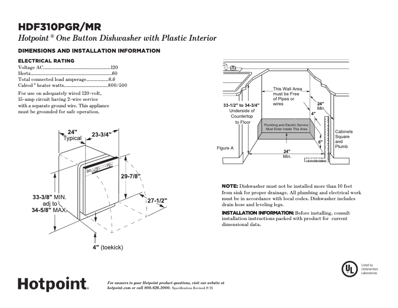 Page 1 of the manual Technical Sheet Hotpoint HDF310PMRSH