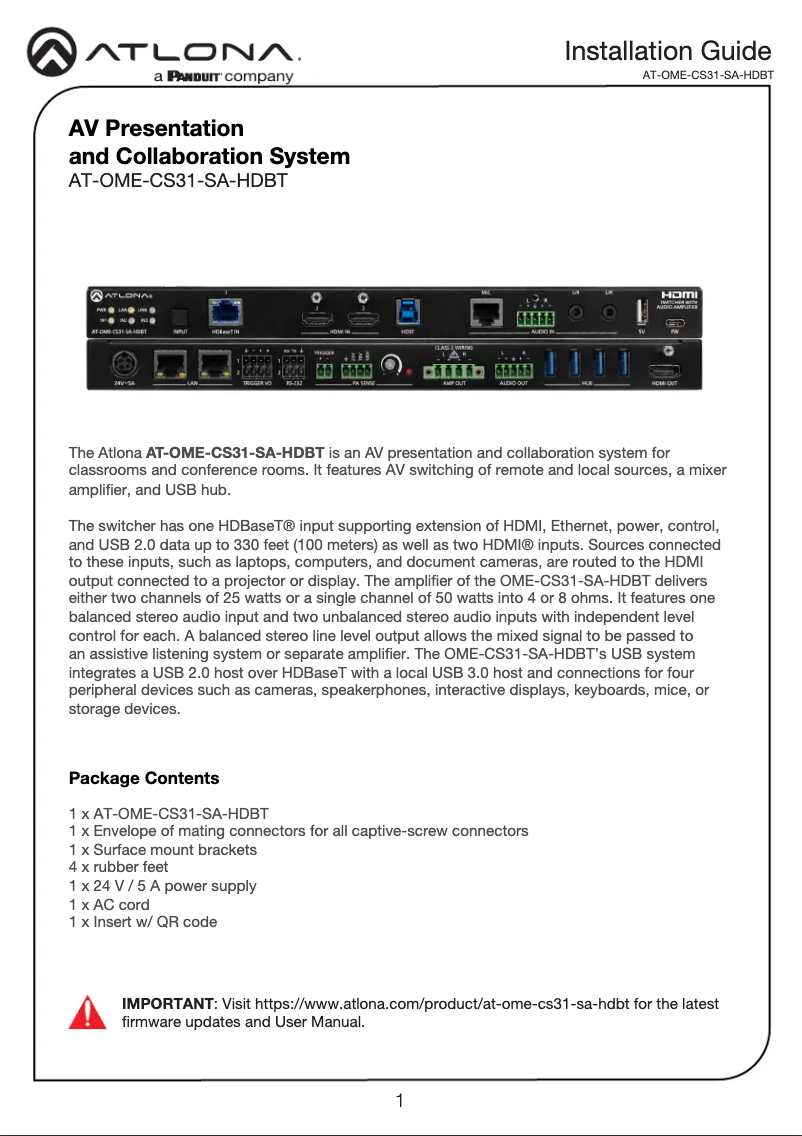 Page 1 of the manual Installation Guide Atlona AT-OME-CS31-SA-HDBT