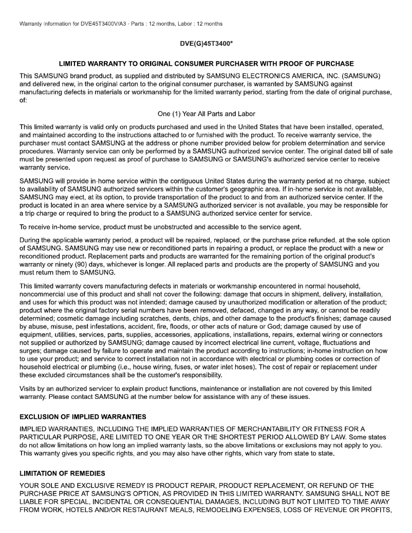 Page 1 of the manual Warranty Information Samsung DVE45T3400V