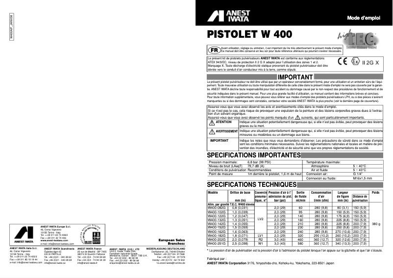 Page 1 of the manual User Manual Anest Iwata W 400