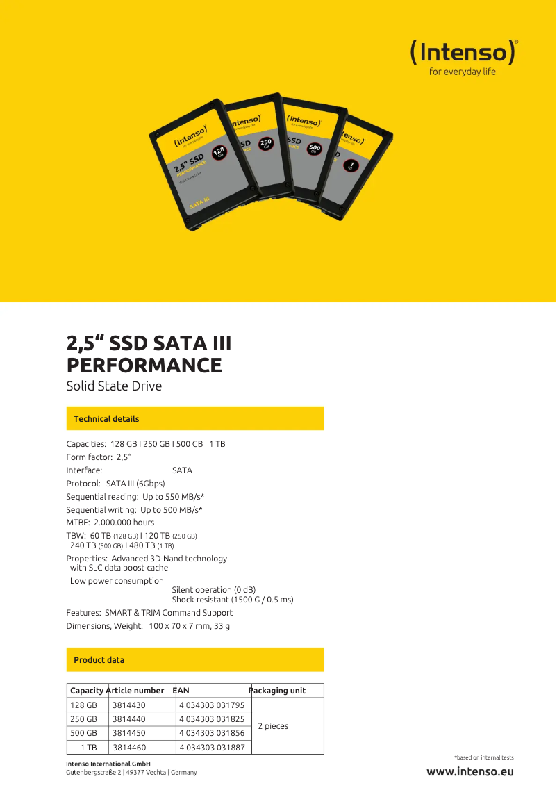 First page image of the manual for 2,5" SSD SATA III Performance