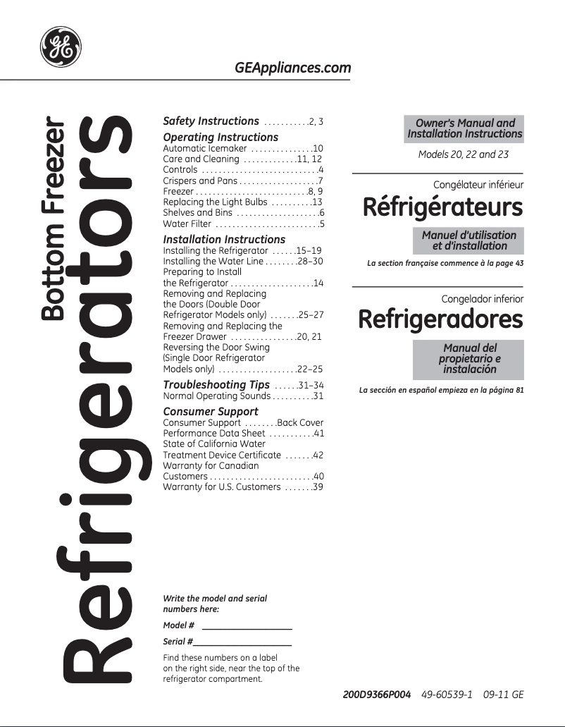 Page 1 of the manual Use and Maintenance Manual GE GNS22EWW