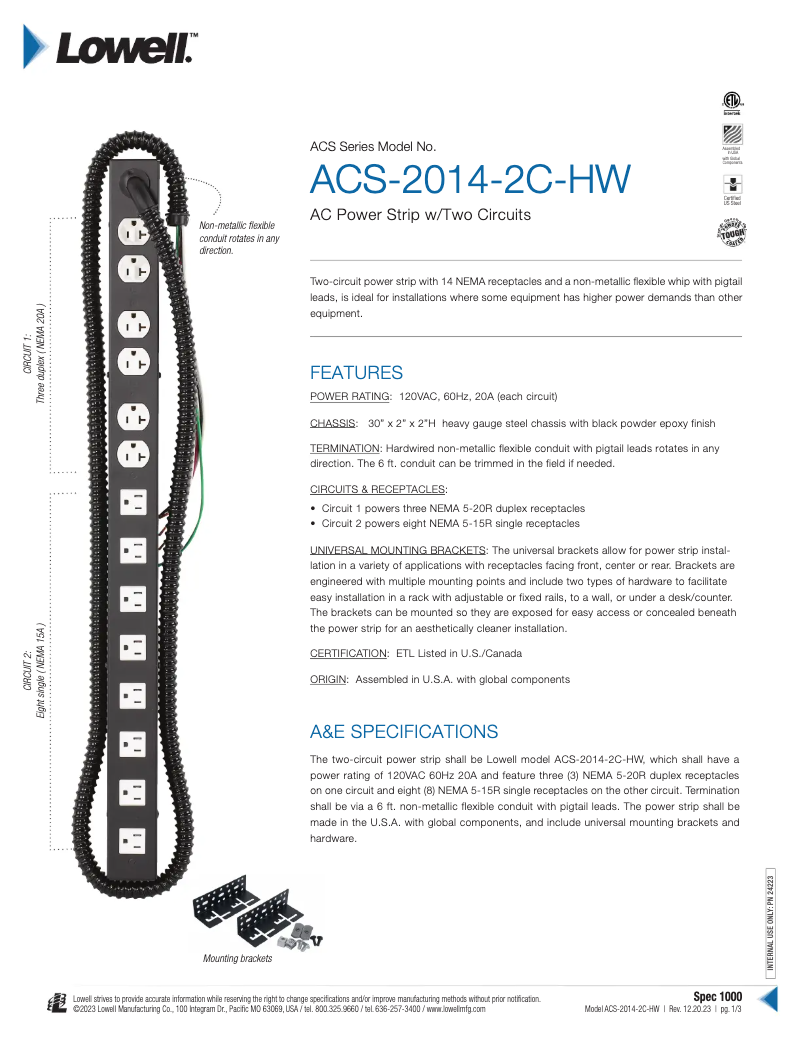 Page 1 of the manual User Manual Lowell ACS-2014-2C-HW