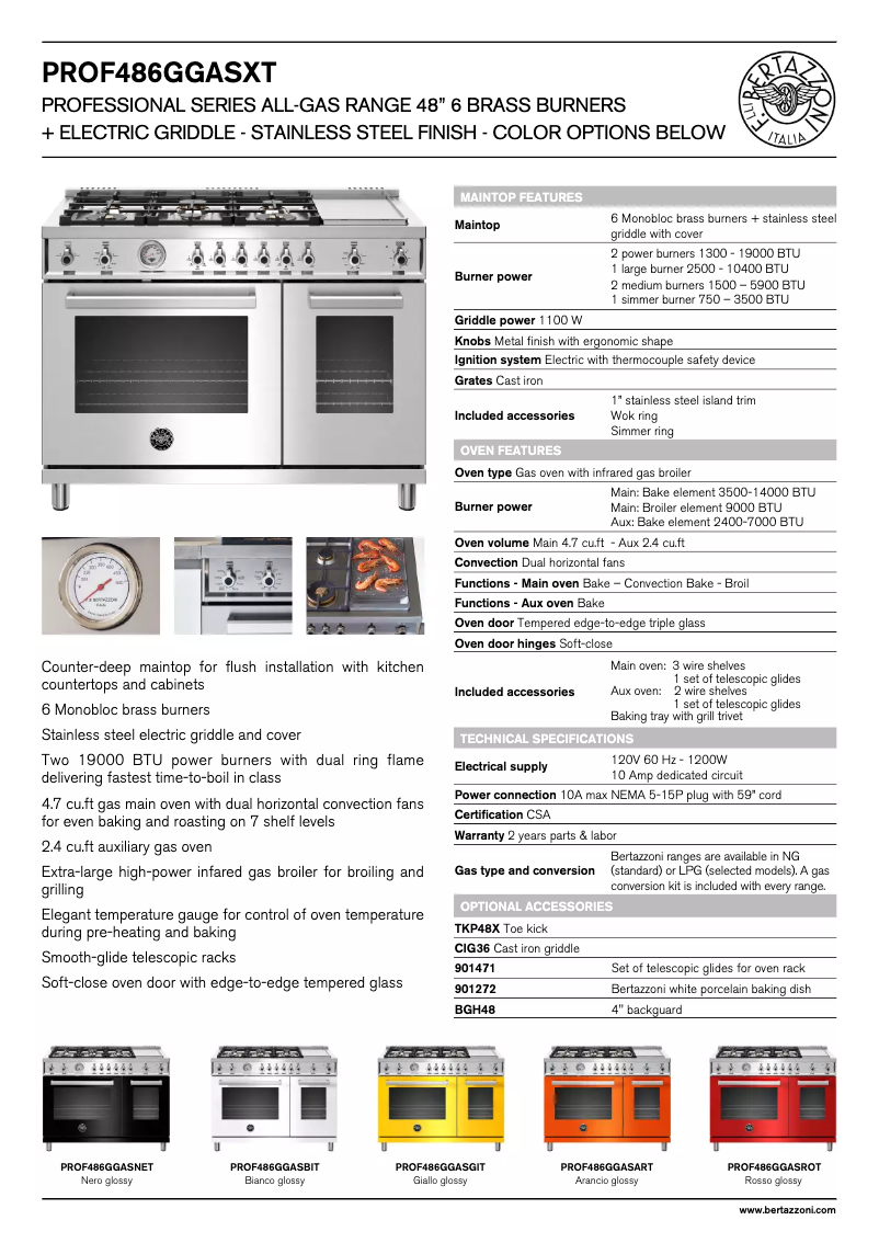 Page 1 of the manual Technical Sheet Bertazzoni PROF486GGASXT
