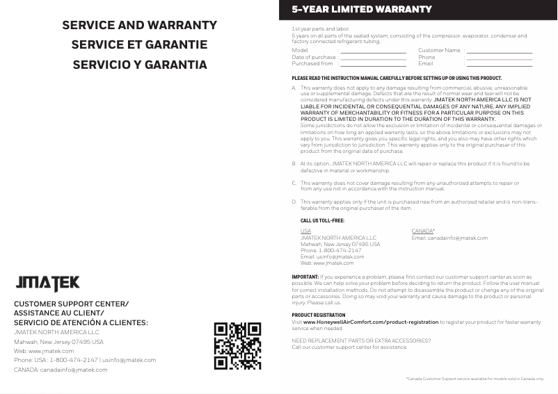 Page 1 of the manual Warranty Information Honeywell DH70PW