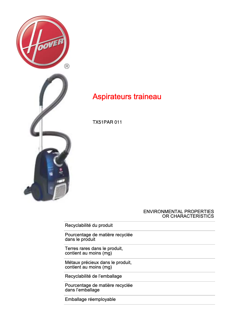 Page 1 of the manual Technical Sheet Hoover TX51PAR 011