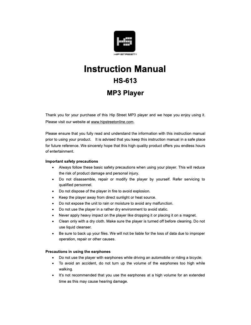 First page image of the manual for HS-613
