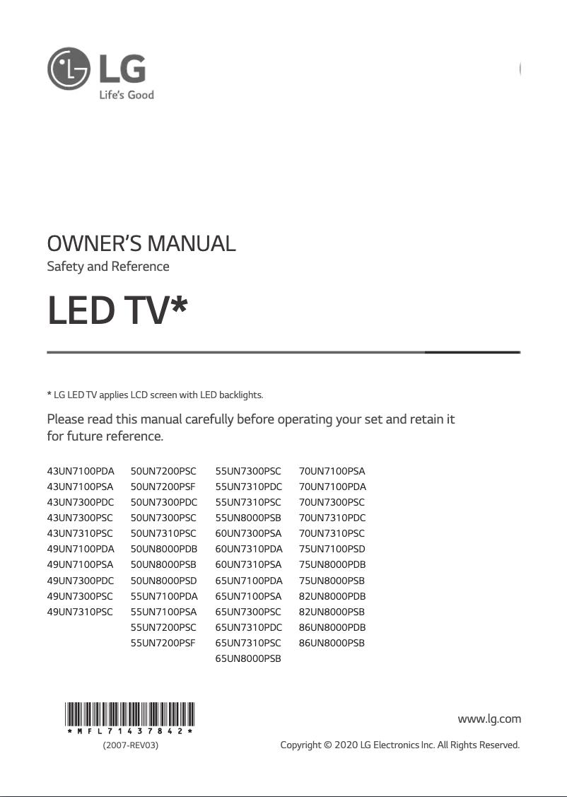 Page 1 of the manual User Manual LG 70UN7100PDA