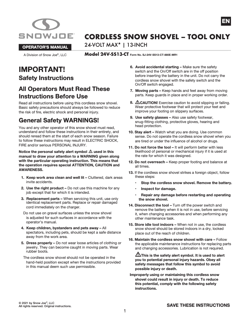Page 1 of the manual User Manual Snow Joe 24V-SS13-CT