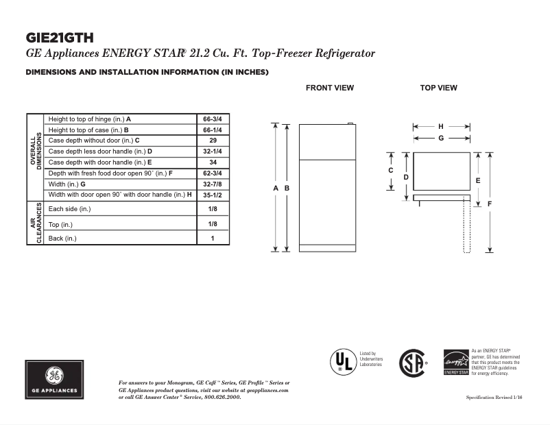 First page image of the manual for GIE21GTHBB