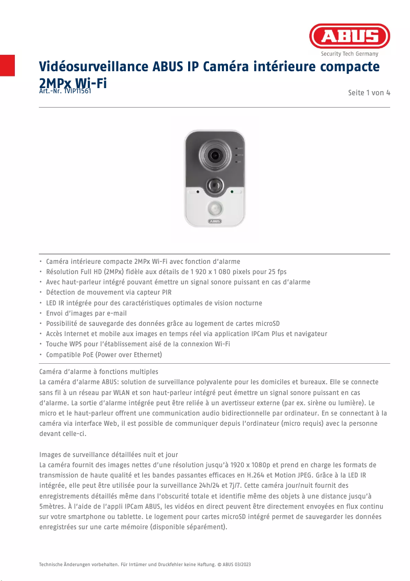 Page 1 of the manual Technical Sheet Abus TVIP11561