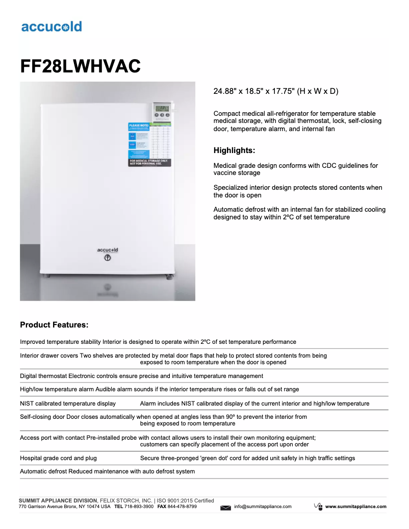 Page 1 of the manual Technical Sheet Summit Accucold FF28LWHVAC