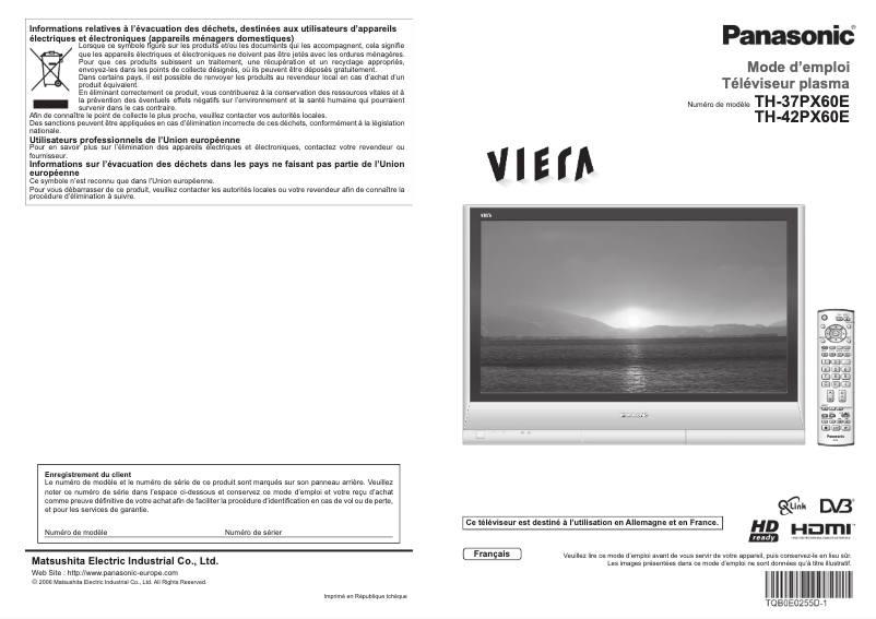 First page image of the manual for TH-37PX60E