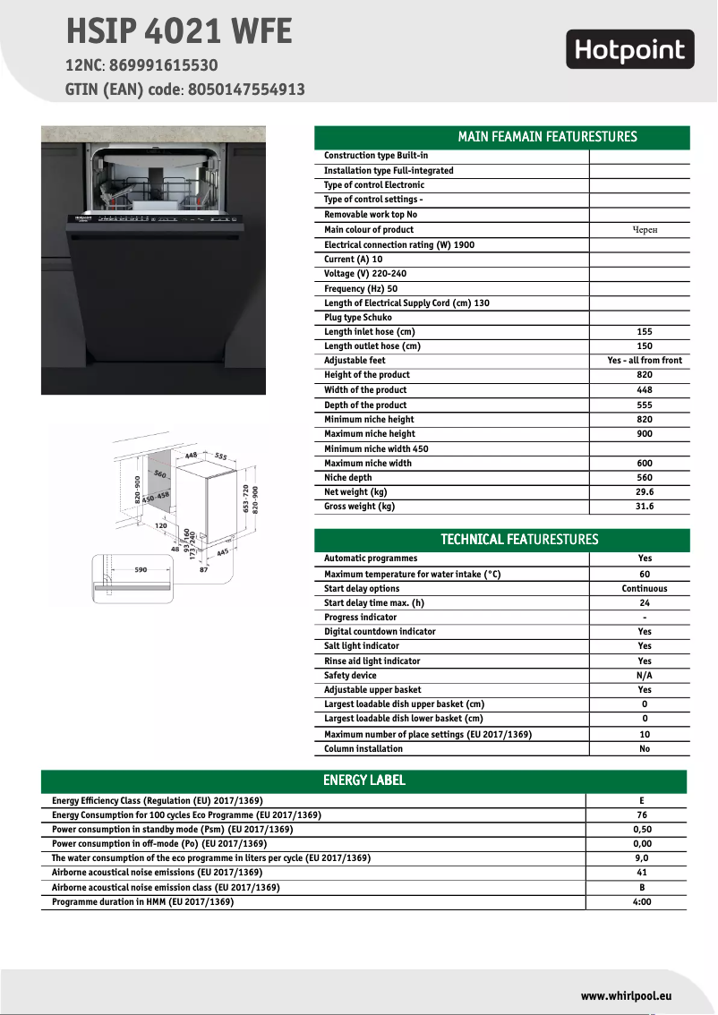 Page 1 of the manual Technical Sheet Hotpoint HSIP 4O21 WFE