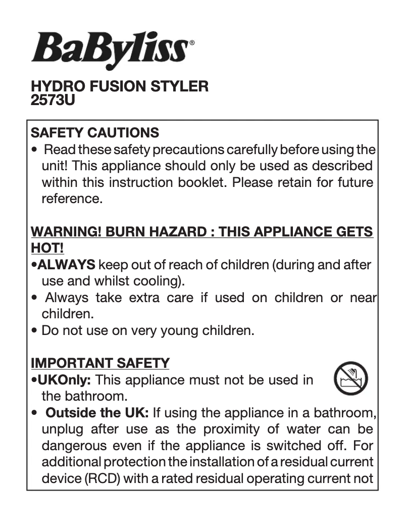 Page 1 of the manual User Manual BaByliss Hydro-Fusion Anti-Frizz 2573U